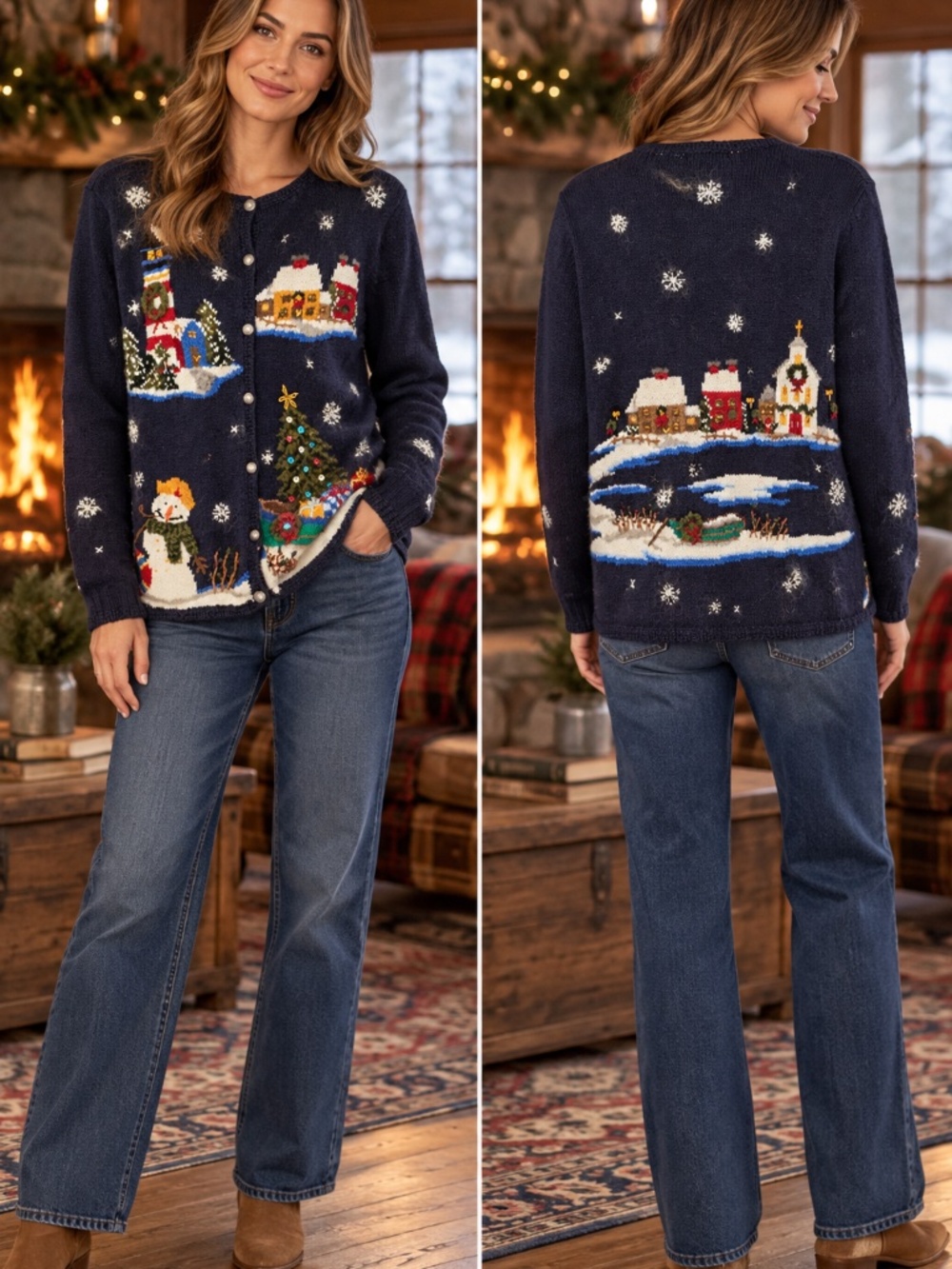 Christmas sweater/cardigan knit WOOL/MOHAIR/RAMIE COTTON S crochet beads buttons